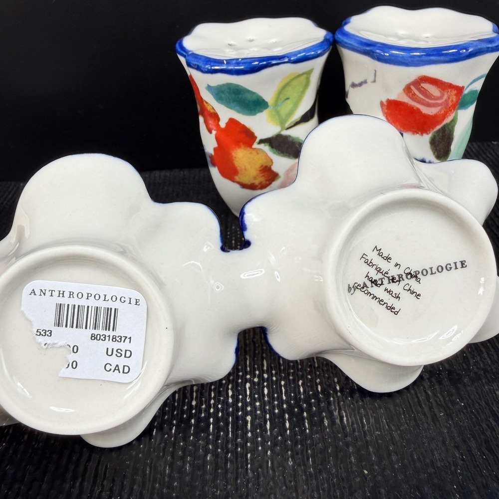 Anthropologie Luna Floral Ceramic Salt and Pepper Shaker Set with Tray New w Tag - Picture 4 of 11